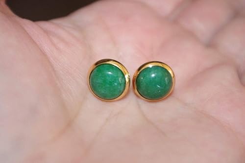 Miniatura 2 de CHINESE GREEN JADE ROUND DOME 12MM VINTAGE GENUINE 14K GF STUD EARRINGS