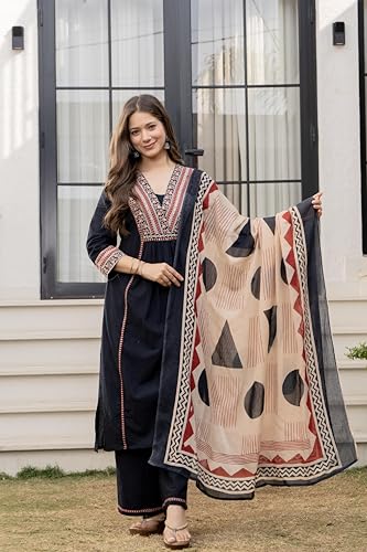Image of MEERA FAB Women Floral Printed Pure Cotton Straignt V-Neck Kurta with Trousers & Dupatta