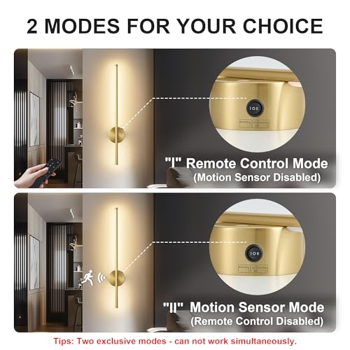 Image of KARTOOSH Brass Battery Operated Wall Sconce Set of Two with Motion Sensor | Rechargeable Wireless Wall Lights with Remote Control, Dimmable, 3000K /4000K /6000K, Timer for Living Room, Hallway,23.6 Inch