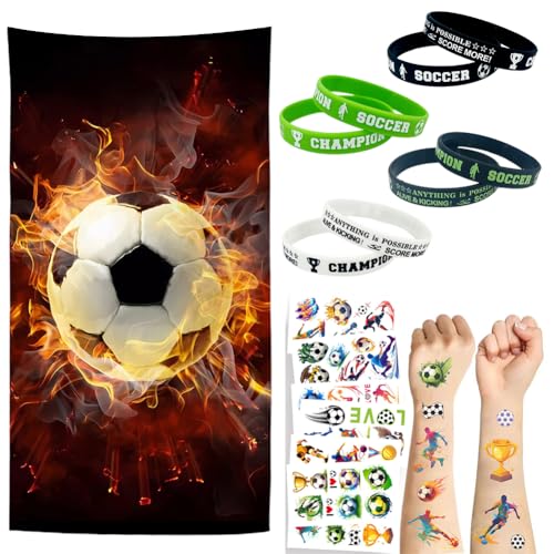 APPCRFM Serviette de Plage pour Le Football, Football Serviette de Plage, 10 Tatouage Temporaire 4 Bracelets en Silicone de Football, Idéale pour la Plage la Piscine et Les Vacances