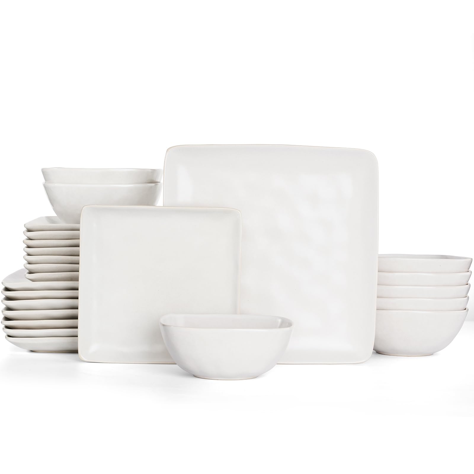Famiware Dinnerware Sets for 8, Ocean Square 24-Piece Kitchen Plates and Bowls Sets, Microwave and Dishwasher Safe, Scratch Resistant, Matte White