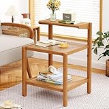 Aklaus Rattan Side Table Boho Small end Table mid Century Living Room Wooden Side Vintage Accent Table japandi Chinese Rattan nightstand
