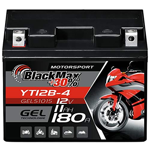 BlackMax Gel Motorradbatterie 12V 11Ah 180A EN | Wartungsfreie Starterbatterie YT12B-4 GT12B-4 | Akku für Motorrad, Roller & Quad ersetzt 10Ah