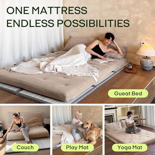 Image of ZonLi Japanese Floor Futon Mattress Queen Size 80 inchx 60 inch, 100% Cotton Cover 4'' Thicken Tatami Mattress, Foldable Sleeping Pad, Portable Dormitory Tatami Mat(Khaki)