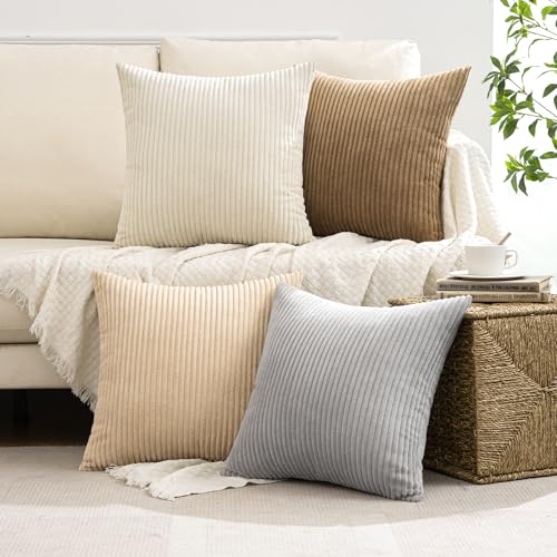 Image of MIULEE Boho Farmhouse Throw Pillow Covers 18x18 Inch Set of 4 Neutral Rustic Decorative Cushion Covers Soft Corduroy Nordic Home Decor for Couch Bed Sofa Living Room