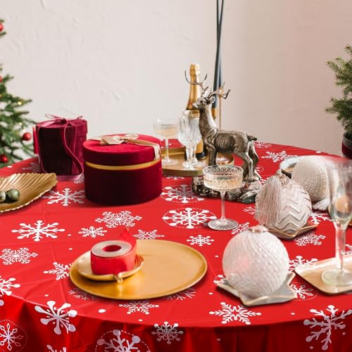 Image of Ganeen 6 Pcs Christmas Snowflakes Table Cover Decorations 84 Inch Red and White Plastic Tablecloth Winter Snowflake Holiday Party Decorations Table Cover for Christmas New Year Party Supplies