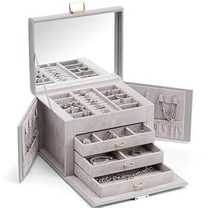 Vlando Jewelry Box 4-Tier,Jewelry Boxes & Organizers with Handle,3 Drawers Travel Jewelry Case with Mirror,Jewelry Storage,Earrings Necklace Rings Christmas Gift for Women Girl Grey