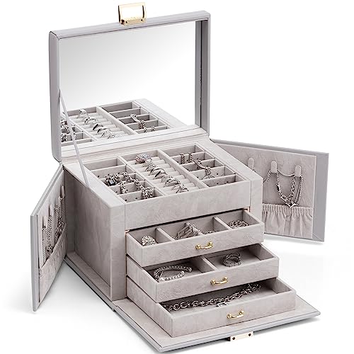 Vlando Jewelry Box 4-Tier,Jewelry Boxes & Organizers with Handle,3 Drawers Travel Jewelry Case with Mirror,Jewelry Storage,Earrings Necklace Rings Chr