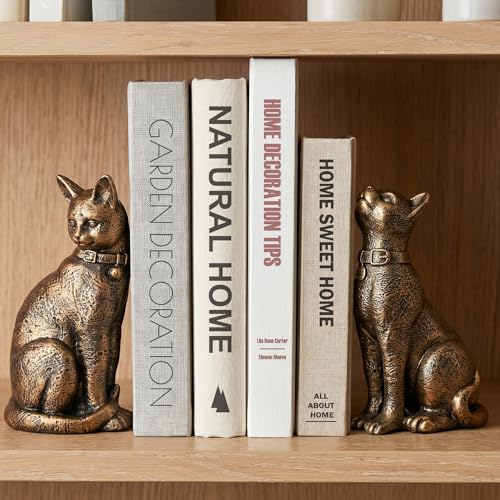 Denique Cat Bookends Vintage Bronze Decorative Book Ends for Shelves Heavy Duty Resin Cat Figurine Book Stoppers Retro Cat Book Holders for Home Office Library Decor Set of 2