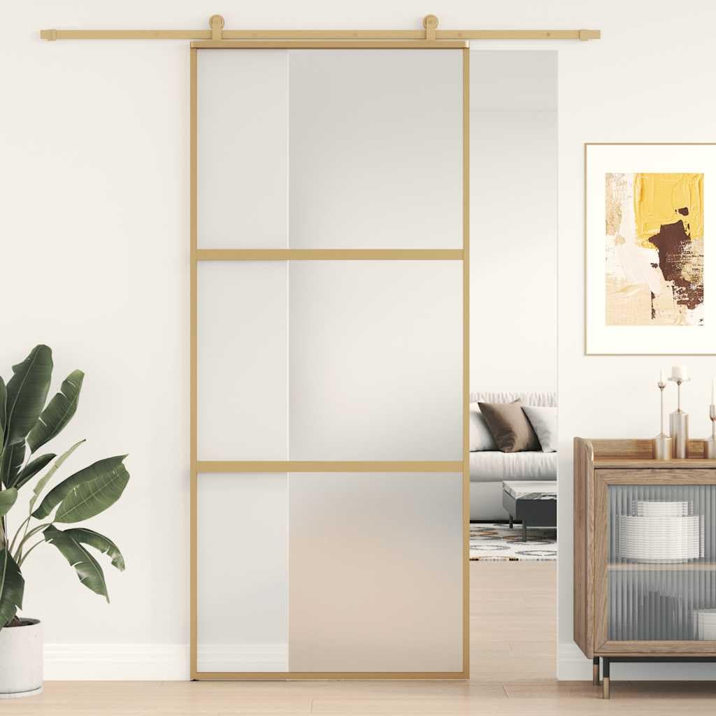 Drzwi przesuwne złote 90 x 205 cm matowe szkło ESG aluminium skrzydło drzwi ościeżnica drzwi wejściowych drzwi bocznych zabezpieczenie przed włamaniem, ochrona przed przegrzaniem, izolacja