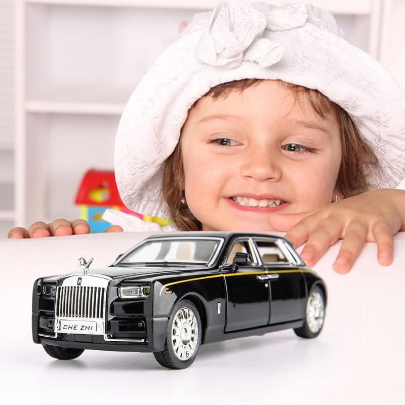 Image of PINQUE Kids New Car 1:32 R Royce Phantom Diecast Alloy Metal Pull Back Car with Openable Doors Music Sound and Light Vehicle Toy Car for Boys (Black)