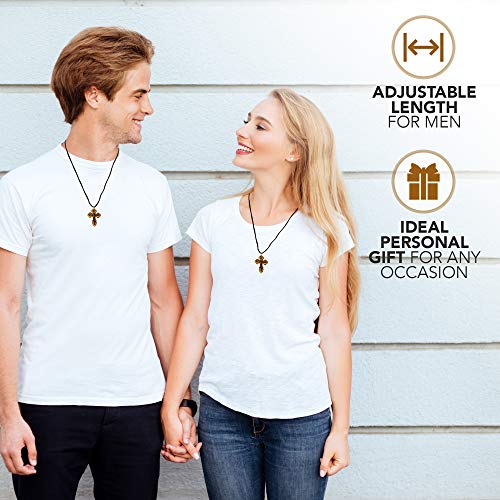 Most Original Gifts AUTHENTIC Bethlehem Olive Wood Eastern Cross Pendant in Natural Cotton Pouch with Christogram - Cross for Men & Women4