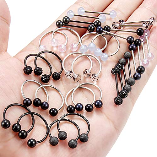 Ftovosyo 16 Pairs 16G Surgical Steel Nipplerings Nipple Tongue Rings Straight & Horseshoe Barbell Hoop Body Piercing Jewelry for Women Men3