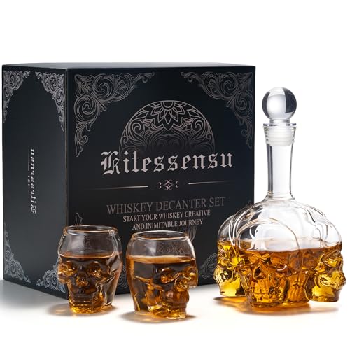 Gothic Skull Whiskey Decanter Set - 34 oz Spooky Skeleton Glass Decanter with 2 Rocks Glasses - Dark Academia Home Bar Decor & Man Cave - Cool Halloween Gifts for Men & Whisky Lovers