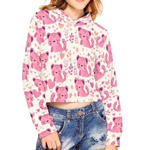 Animal Print Girls Cropped Hoodie Sun Protection Pullover,Trendy Streetwear,Layering Essential for Fall,Size 5-14Y