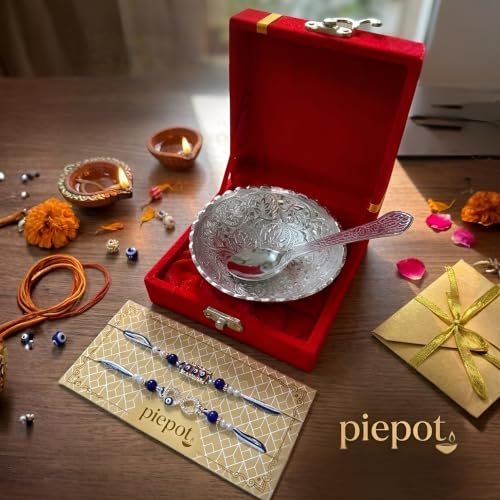Image of Rakhi for Brother, Rakhi Gift Set for Brother, German Silver Bowl and Spoon with Designer Rakhi, Premium Raksha Bandhan Gift Hamper, Velvet Gift Box, Festive Gift