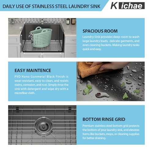 Image of Kichae 25 Inch Black Laundry Sink - 25x22 Kitchen Sink Drop In Utility Sink 12 inch Deep Sink Topmount Single Bowl Stainless Steel RV Laundry Sinks Handmade with Accessories