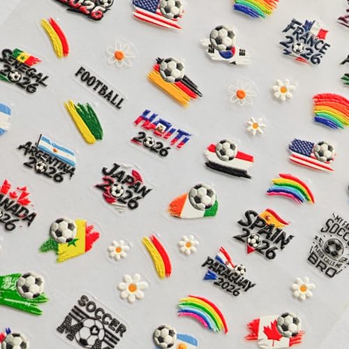 Image of Soccer Nail Stickers World Cup Flag Nail Decals Football Nails Stickers with Rainbow Design 5D Self Adhesive Patriotic Nails Charms Supply for Women DIY Manicure Decoration