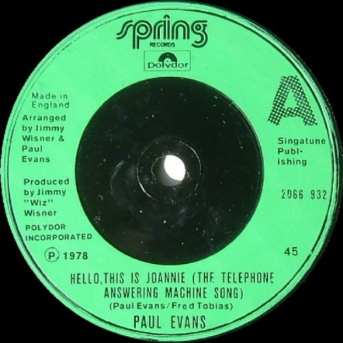 Paul Evans Hello, This Is Joannie (The Telephone Answering Machine Song) Paul Evans 7" 45
