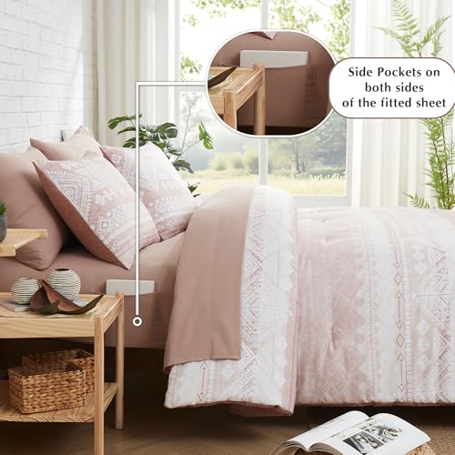 Geniospin Queen Comforter Set - 7 Pieces Reversible Bedding Set, Boho Bed in A Bag, Lightweight Soft Aztec Bedding, All Season Bed Comforter Set with Sheets, Pillowcases & Shams