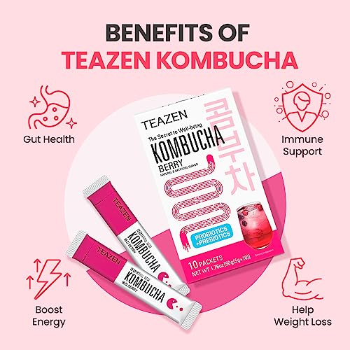 Teazen Kombucha Tea, Zero Sugar, Sparkling Fermented Powdered Mix Beverage From Korea, Live Probiotics & Prebiotics, 10 Sticks, 1.76Oz (Berry) #TOP4