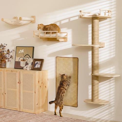 FUKUMARU Cat Wall Shelves 4 in 1 Stable Wooden Wall-Mounted Furniture Set Climbing Tree with Hammock Bed Perch and Scratching Mat (Beige)