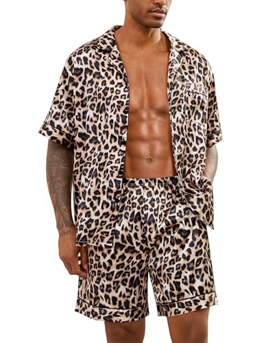 Image of SWOMOG Men Satin Silk Pajamas Sets Short Sleeve Sleepwear Button-Down PJs Sets Two-Pieces Loungewear with Pockets