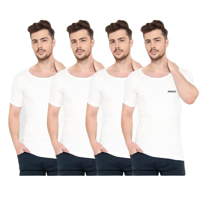 Image of INNERO Men's Vest with Sleeves | Cotton Half Sleeve Round Neck Vest, Baniyan, Ganji, Undershirt (White)