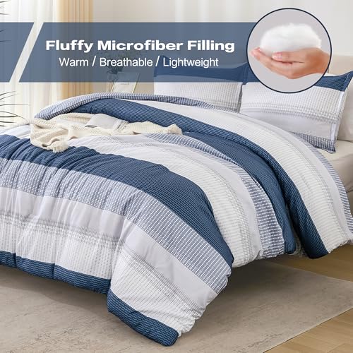 Litanika Mineral Blue California King Comforter Set - 3 Pieces Cal King Oversized Lightweight Summer Colorblock Stripe Bedding Set (104x96In, 2 Pillowcases)