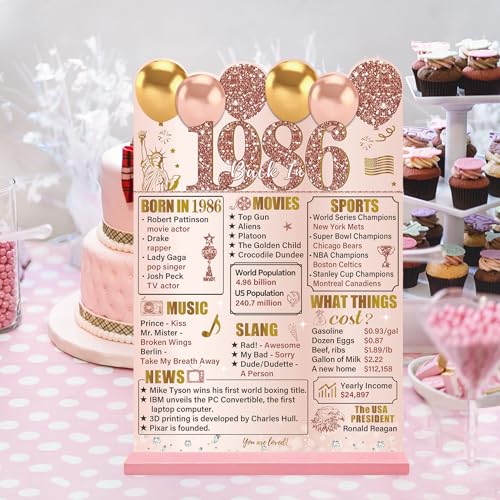 Image of Guiruiy Pink Rose Gold 40th Birthday Decorations for Women, Two-Sided Vintage 40 Back in 1986 Theme Poster Wooden Table Sign with Stand, Forty Years Old Bday Centerpieces Holder for Table Decor