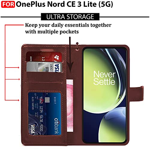 Image of CEDO Flip Cover for OnePlus Nord CE 3 Lite (5G) | Leather Finish | Inside Pockets & Inbuilt Stand | Shockproof Wallet Style Magnetic Closure Back Case Flipcover (Brown)