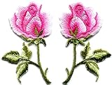 Pink Roses Pair Flowers Floral Retro Boho Hippie Embroidered Appliques Iron-ons Patches S-498