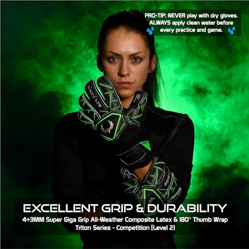 Image of Renegade GK Renegade GK Triton Raider Roll Cut Level 2 Goal Keeper Gloves with Pro-Tek Fingersaves - Boys & Girls Goalie Gloves Size 7 - Youth Keeper Gloves Black & Green