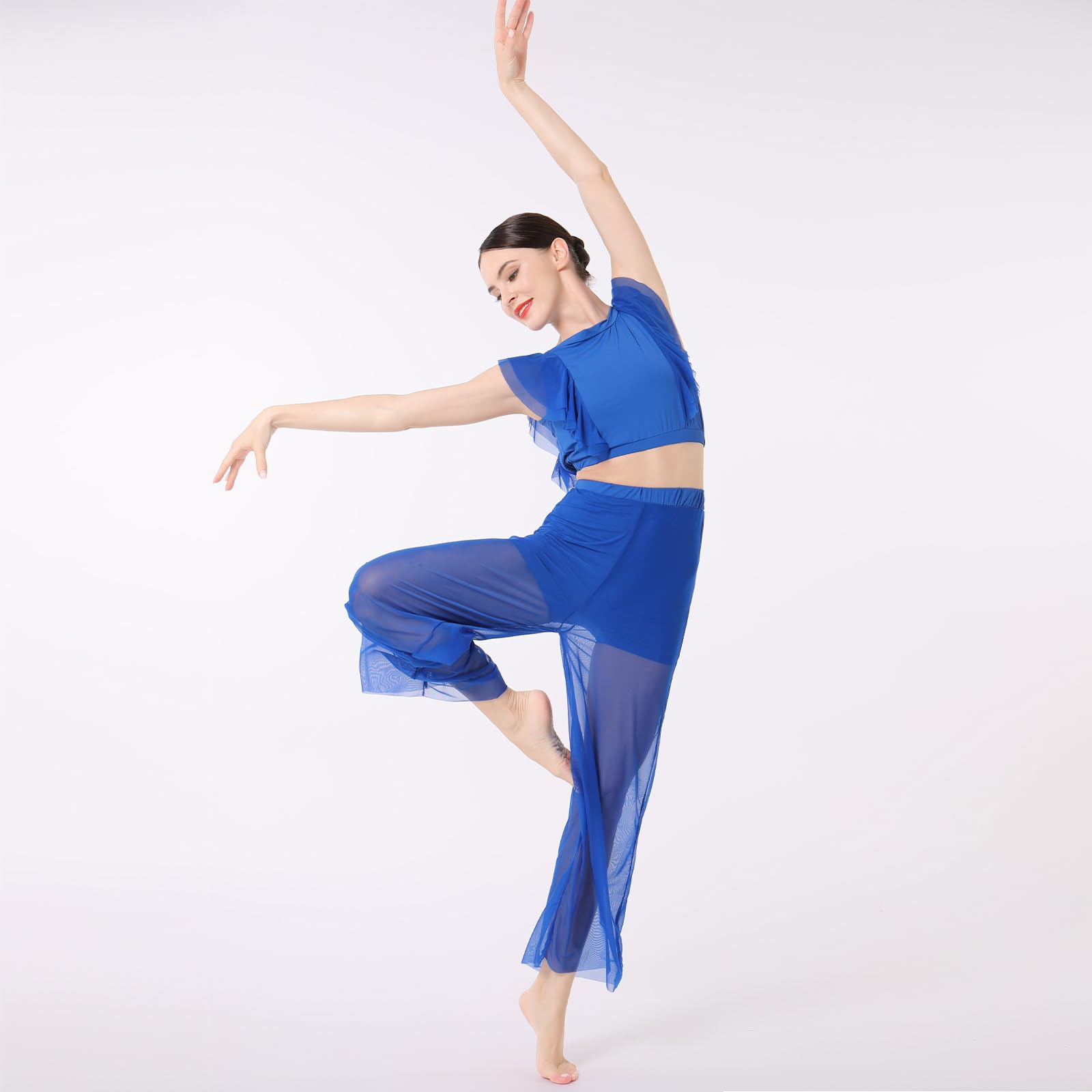 AFAVOM Lyrical Dance Dress for Women Modern Contemporary Dance Costume Chiffon Cross Back Crop Top with Mesh Sheer Pants Adult Ballet Leotard Shorts Ruffle Dancewear Outfit Royal Blue XL