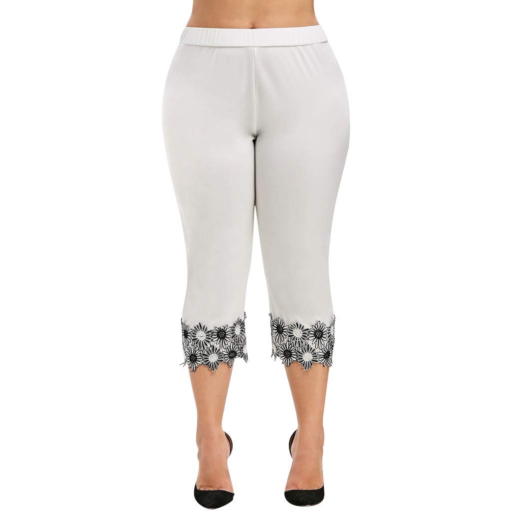 Women's Capri Pants Plus Size Workout Capri Leggings Stretchy Yoga Running Athletic Tights Solid Guipure Lace Trim White