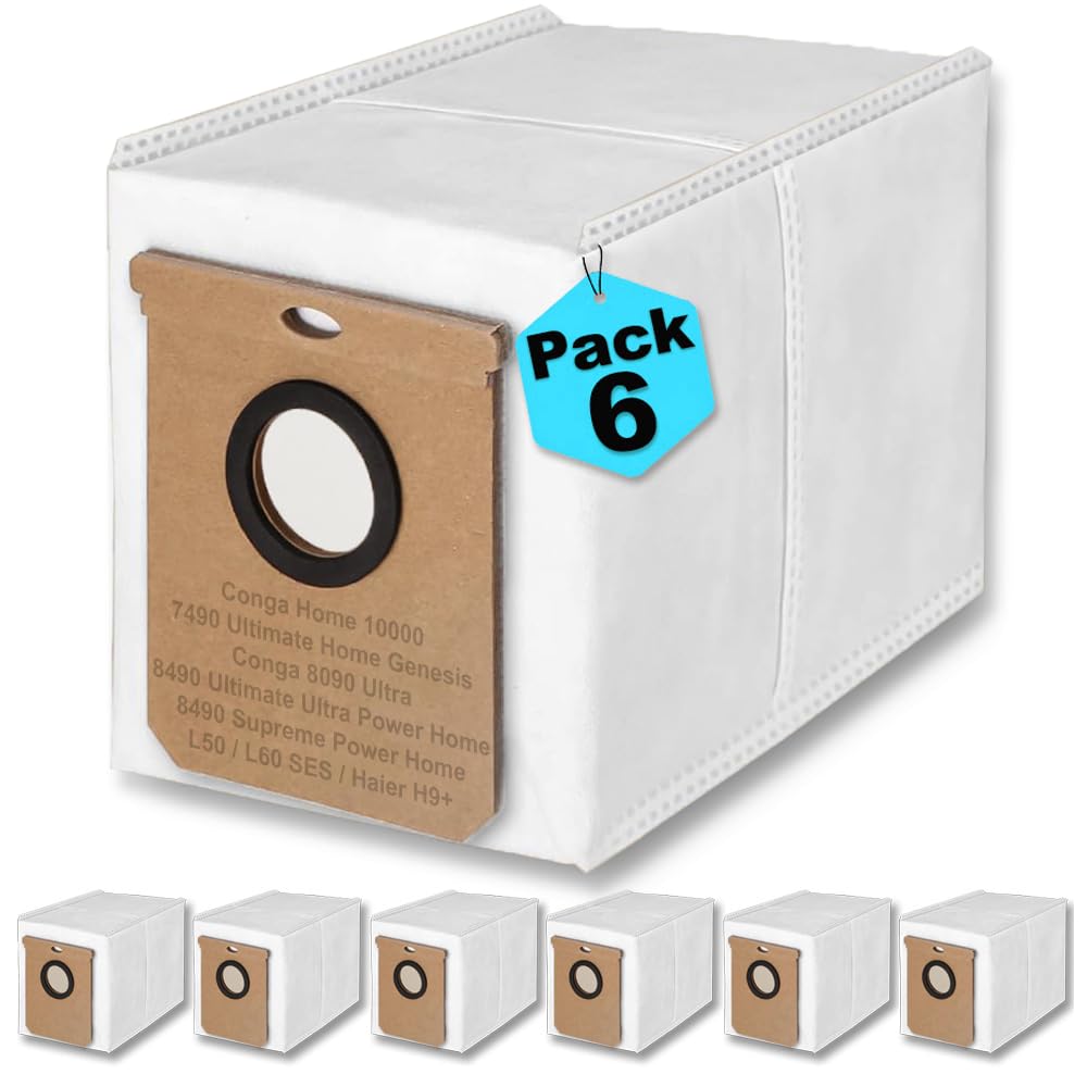 6 Bolsas de Recambio para Conga 7490 Ultimate Home Genesis, Conga Home 10000, 8090 Ultra, 8490*, 9090 IA, L50, L60 SES, Haier H9. Recambio a prueba de Fugas Hipoalergénico de 2,8L.