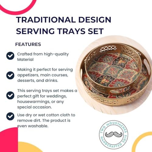 Image of Two Moustaches Traditional Design Metal Round Serving Trays Set (8 Inches & 10 Inches), Serving Plates for Home, Platters for Tea /Coffee /Fruits /Snacks, Decorative Pichwai Tray, Golden, Pack of 2