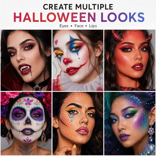 Image of UCANBE Colorful Halloween Makeup Kit - Clown Vampire Witch Zombie Makeup Set for SFX Costume Cosplay with Eyeshadow Palette, White Foundation, Red Lipstick, Black Eyeliner, Setting Powder & Sponges