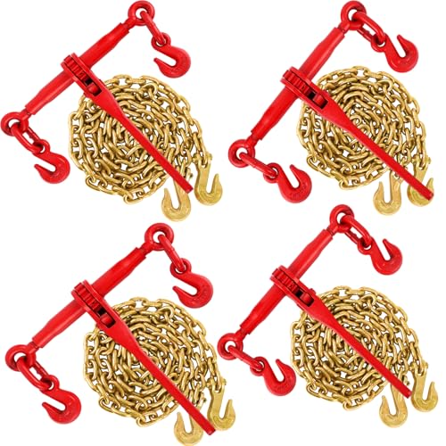 Image of GraveeTech 3 /8 inch to 1 /2 inch Series Ratchet Chain Binder, G70 Heavy Duty Load Binders, 5 /16 inch x10FT Chains, Breaking Strength of 26,400 lbs, Tie Down for Flatbed Truck Trailer, Packging 4 Binders 4 Chains
