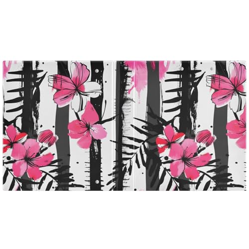 Image of 3 Ring Binder Stripes Black White Tropical Pink Flower 1.5 inch Binders Three Ring Binders with Clipboard Fit 8.5'' x 11'' Paper 3 Interior PVC Clear Pockets for Office Supplies