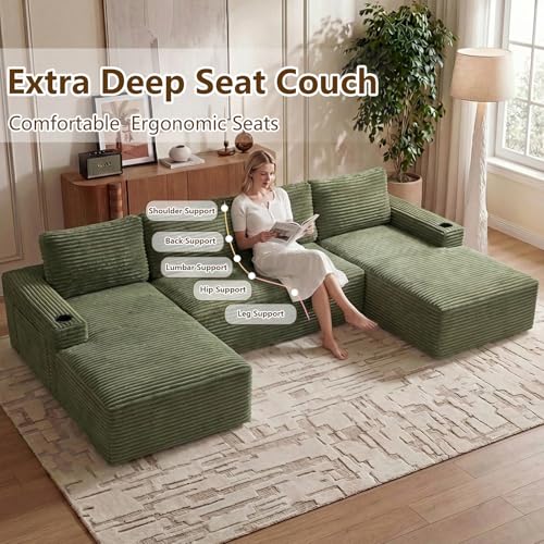 Image of 133 inch U-Shape Cloud Couch, Modern Modular Sectional U-Shape Sofa, Corduroy Boneless Couch Upholstered Couches Deep Seat Sleeper Chaise Longue for Living Room, No Assembly Required,Green