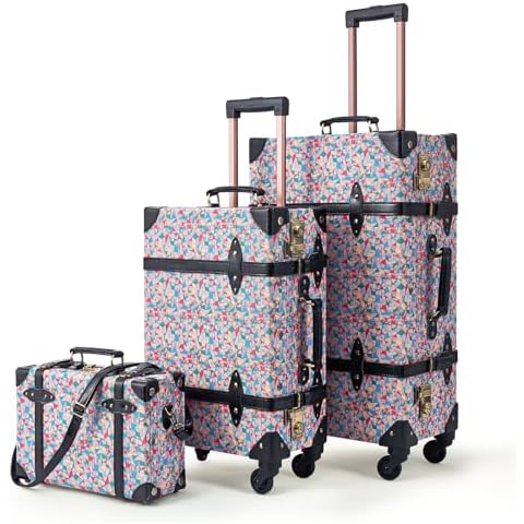Unitravel 3 Piece Vintage Suitcase Set, 26" Handmade Women Travel Luggage with 12" Handbag, Hardside Faux Leather Carry on Spinner Trunk with TSA Lock, Stained Glass Style Cover