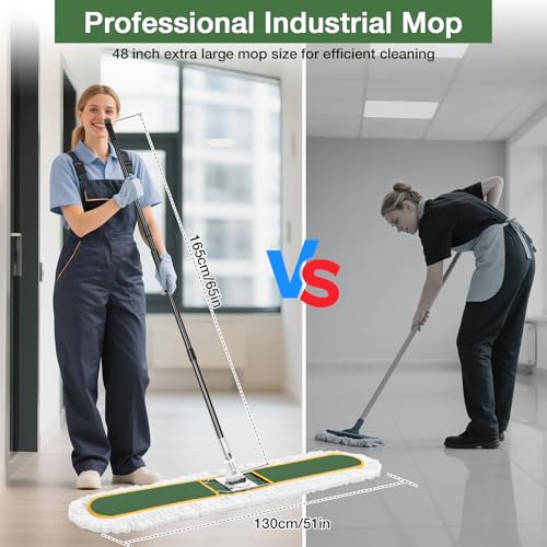 Image of 48 inch Commercial Dust Mop for Floor Cleaning with 2 Cotton Mop Pads | Heavy Duty Wet Dry Broom with 65 inch Metal Handle for Commercial Industrail Office Garage Warehouse Factory Mall /Green