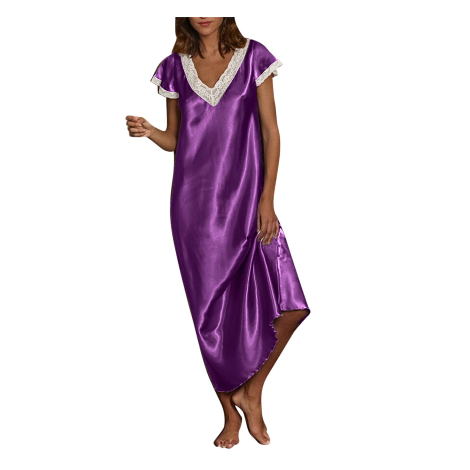 Dinglong Pijama de Manga Corta con Cuello en V para Mujer, Vestido Largo, Camisones, Ropa de Dormir Kaftan combinación Mujer Verano Vestido Rojo Mujer Verano Vestido Talla Grande Mujer
