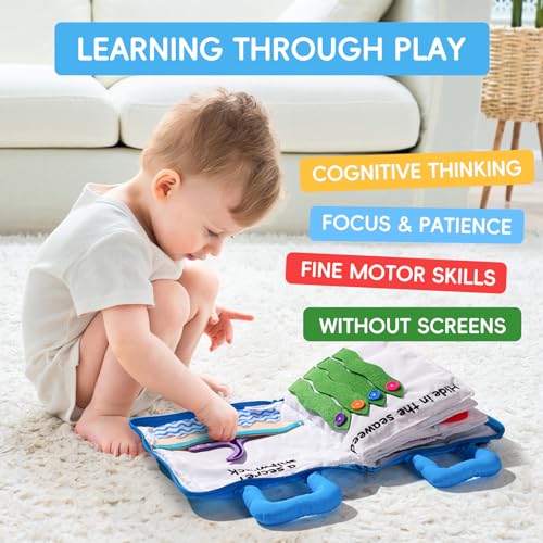 Image of Jollybaby Quiet Book for Toddlers - Montessori Basic Skills Activity Toys - Preschool Learning Soft Travel Toy & Sensory Educational Busy Book for 1-3 Year Old Boys & Girls + Zipper Bag(Wathet)