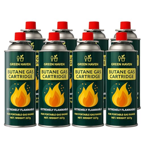 Green Haven Butane Gas Canisters 8 Pack EN417 Non-threaded Camping Cylinders for BBQs & Stoves Reliable Propane Refill Long-Lasting & Safe for Outdoor Cooking Camping Festivals or Picnics