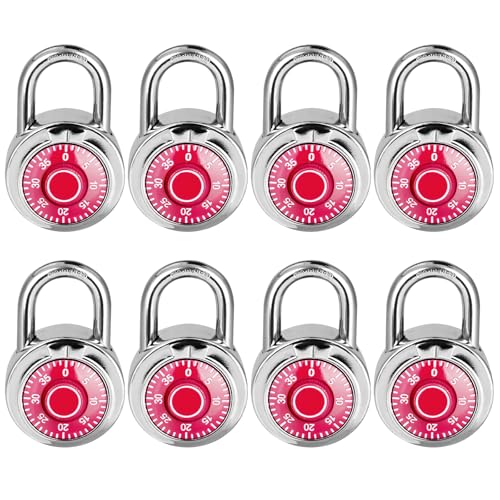 Image of Combination Lock, LQYN Standard Dial Combination Lock, Pack of 8; Red Turnplate, 2 in. Wide, Fixed Three Digital Combination, for School, Gym & Locker, Toolbox, Gate