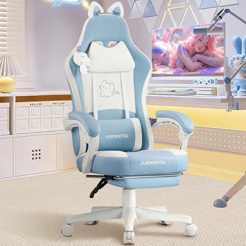 Hellove Chaise Gaming Ergonomique, Fauteuil Gamer avec Repose-Pieds Rétractable, Coussin Lombaire et Oreilles de Chat, pour Filles, Adolescents, Enfants, Cuir...