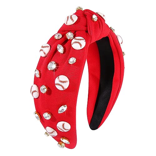 boderier Baseball Headband Hair Accessories Crystal Baseball Embellished Wide Knotted Headband for...