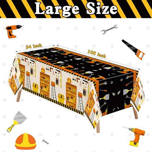 Image of Tool Theme Table Cover - 6 Packs Tool Theme Rectangle Disposable Plastic Table Cloth Happy Birthday Graduation Tea Party Decorations Supplies Tablecloth Baby Shower Gender Reveal 54x108 Inch
